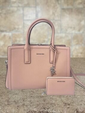 Michael Kors Laila Medium Leather Satchel & Marching Wallet Smoky Rose Pink
